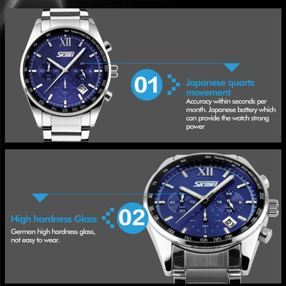 Skmei 9096 Silver Blue Watch For Men - Image 2